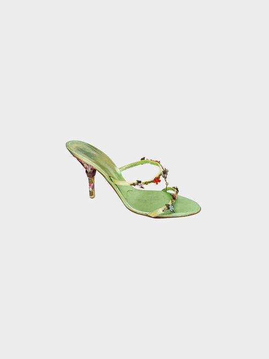 Giuseppe Zanotti 2000s Metallic Green Leather and Satin Floral Motif Heeled Sandals