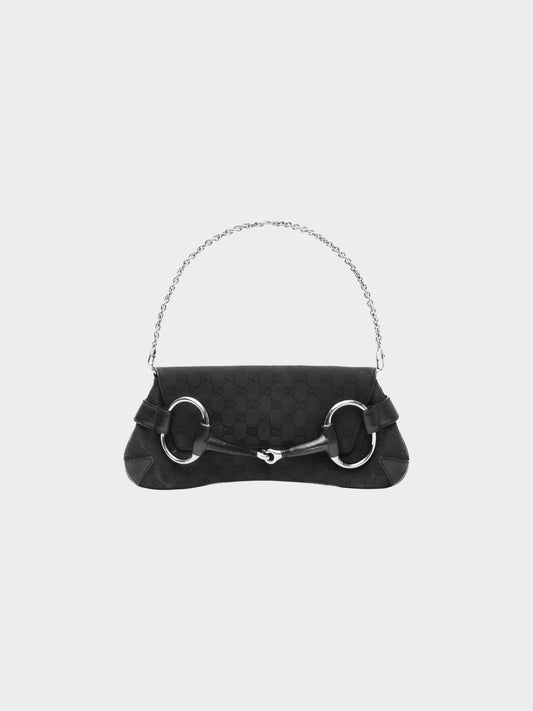 Gucci by Tom Ford 2000s Black Canvas and Leather GG Supreme Horsebit Bag