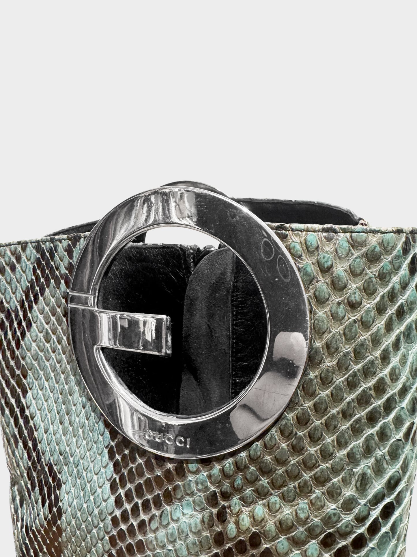 Gucci by Tom Ford SS 1996 Green Python Leather GG Metal Logo Boots