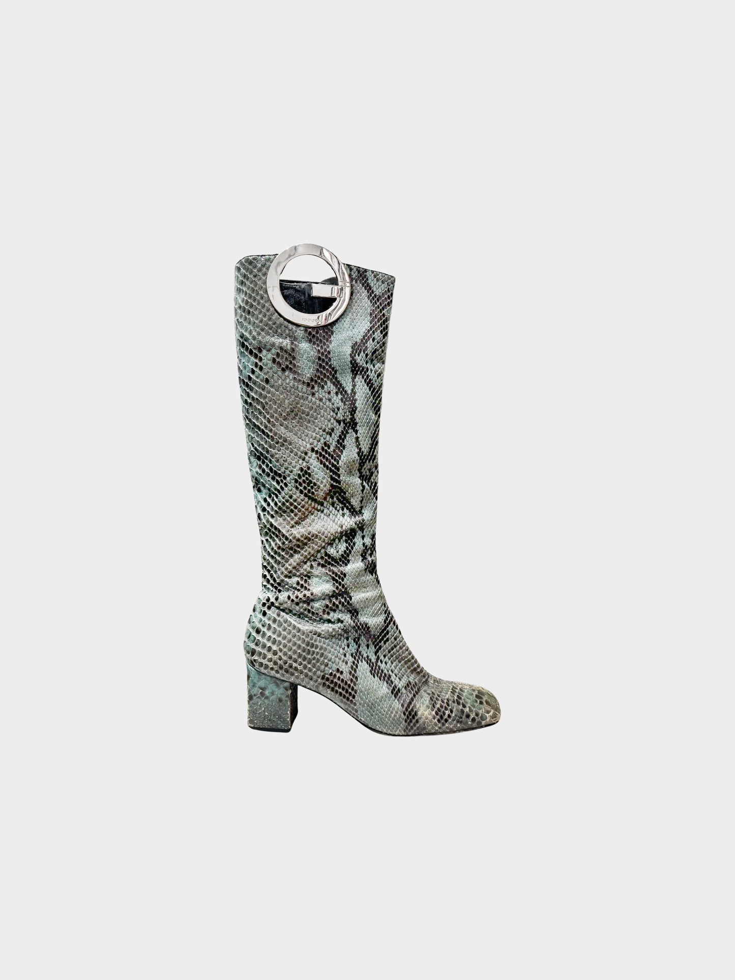 Gucci by Tom Ford SS 1996 Green Python Leather GG Metal Logo Boots