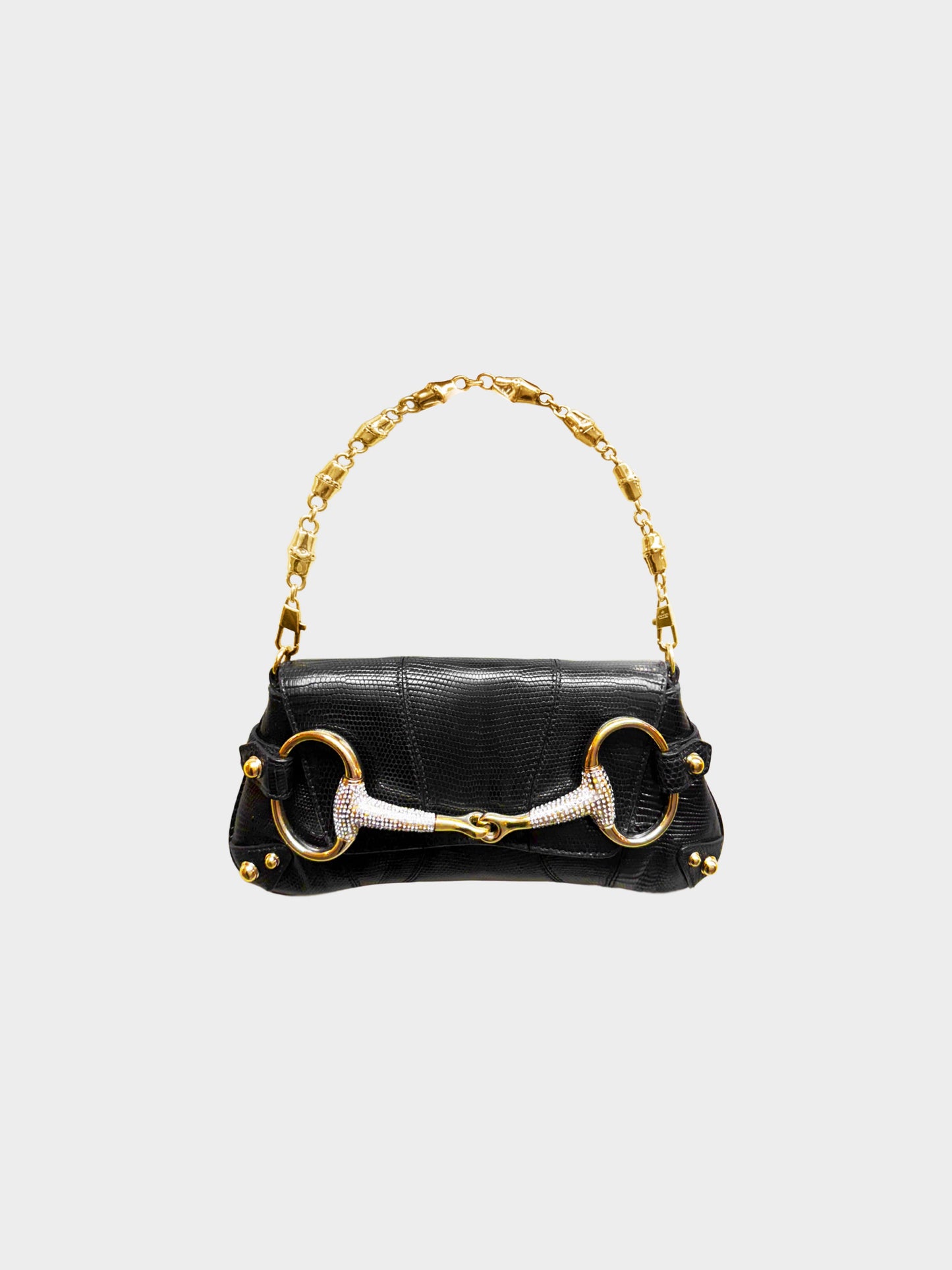 Gucci by Tom Ford 2000s Black Lizard Leather GG Rhinestone Horsebit Bag