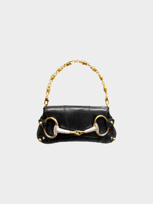 Gucci by Tom Ford 2000s Black Lizard Leather GG Rhinestone Horsebit Bag