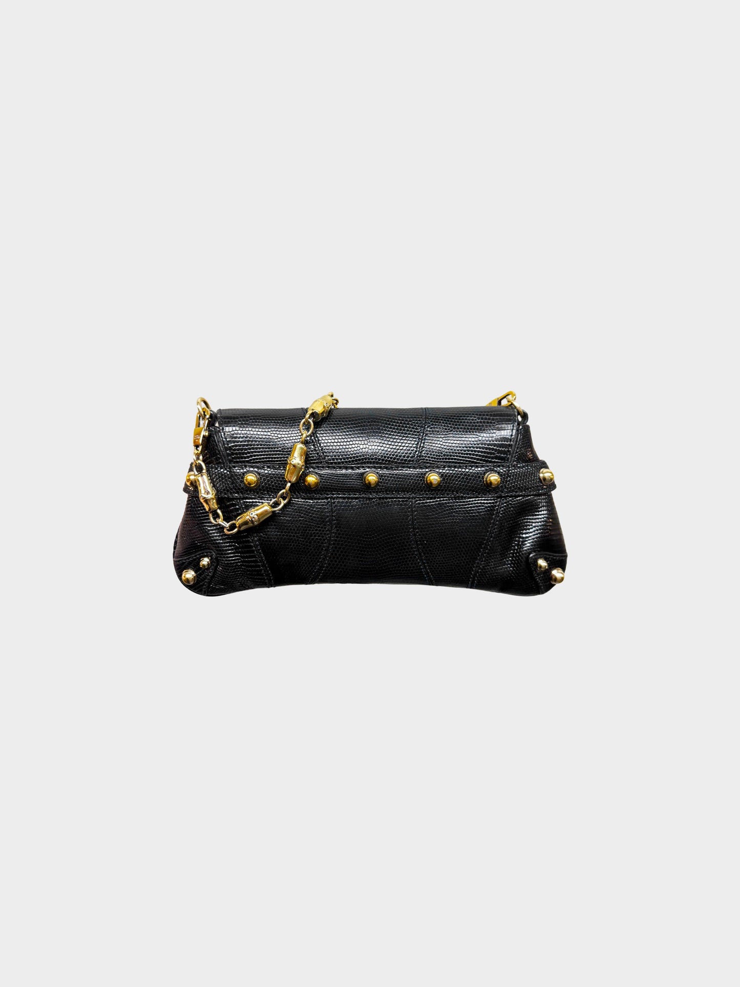 Gucci by Tom Ford 2000s Black Lizard Leather GG Rhinestone Horsebit Bag