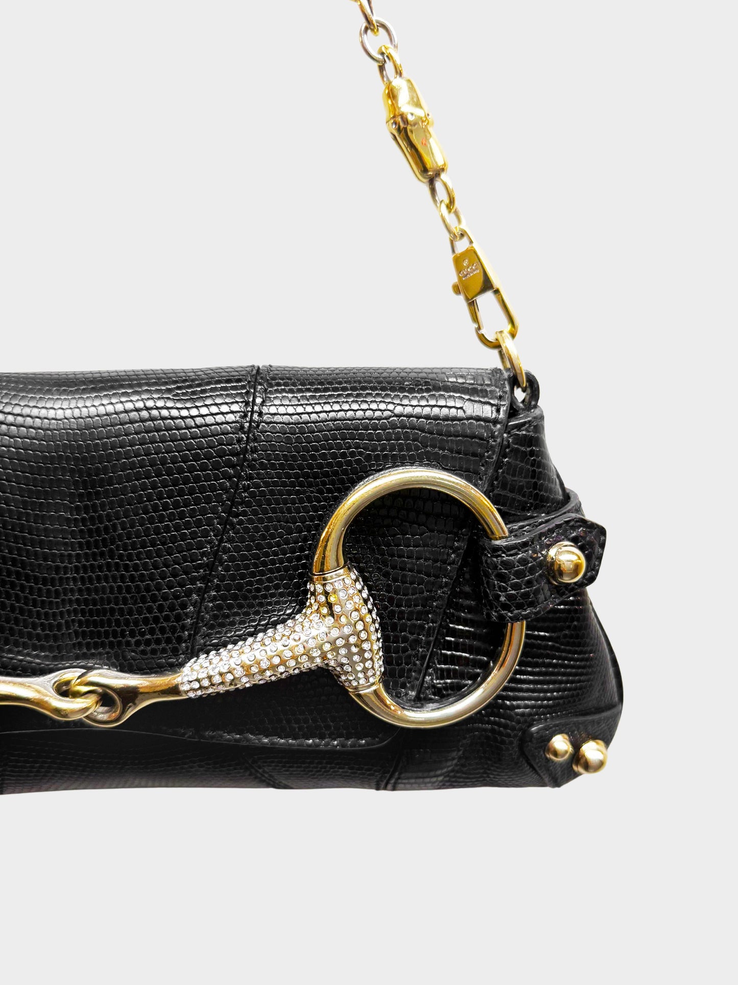 Gucci by Tom Ford 2000s Black Lizard Leather GG Rhinestone Horsebit Bag
