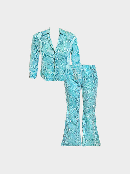 Gucci SS 2000 Blue Python Print Quarter-sleeve Blouse and Pants Set
