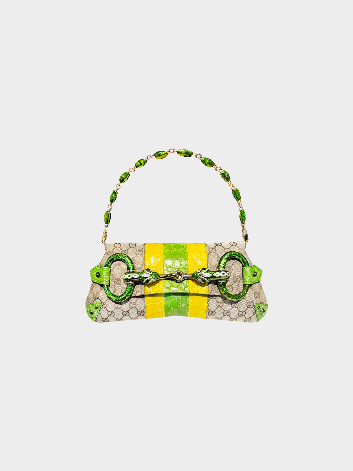 Gucci by Tom Ford 2004 Crystal Serpent Head GG Canvas Croc Leather Trim Horsebit Bag