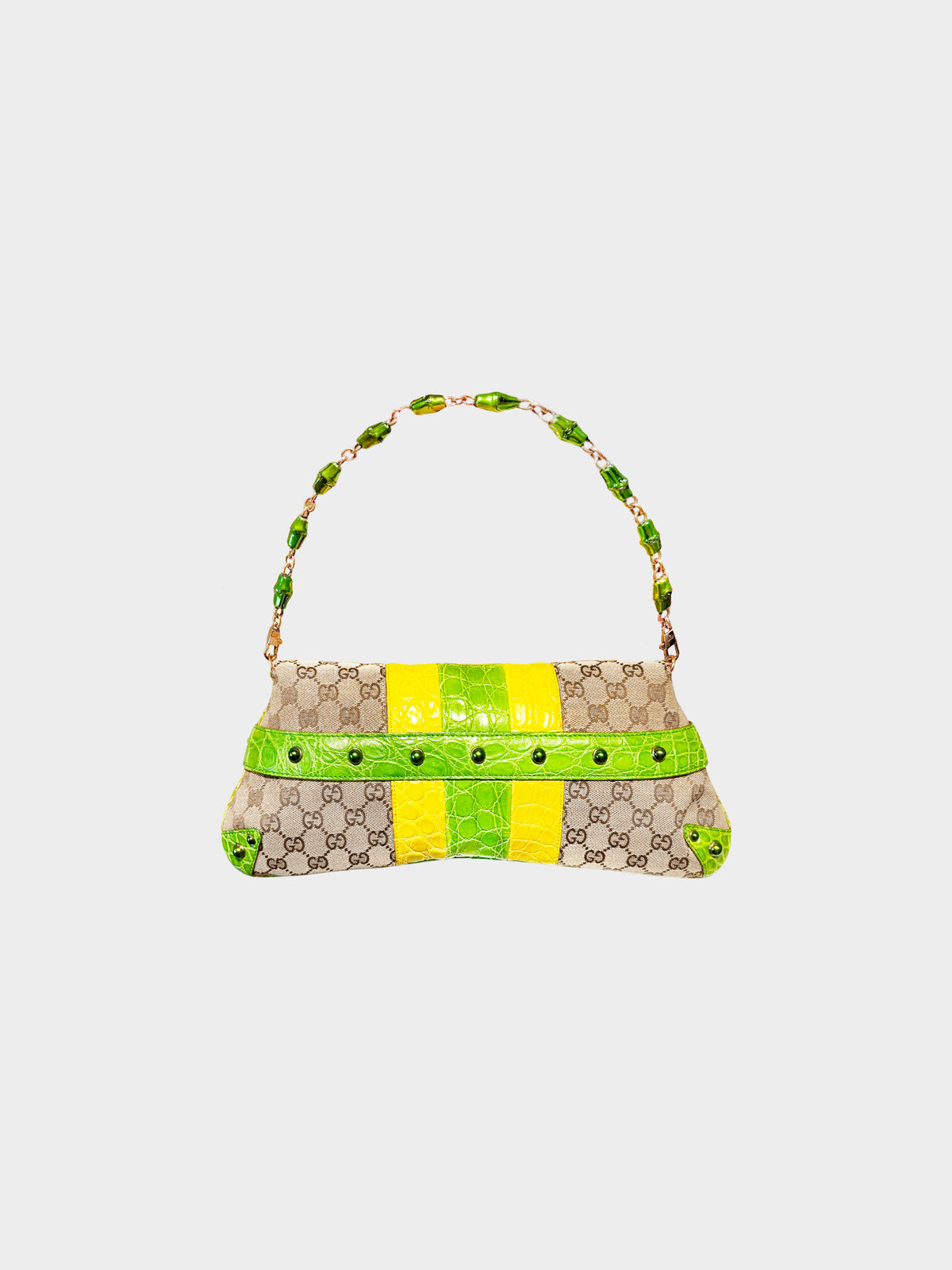 Gucci by Tom Ford 2004 Crystal Serpent Head GG Canvas Croc Leather Trim Horsebit Bag