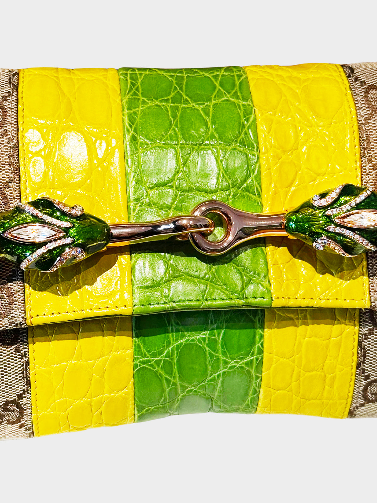 Gucci by Tom Ford 2004 Crystal Serpent Head GG Canvas Croc Leather Trim Horsebit Bag