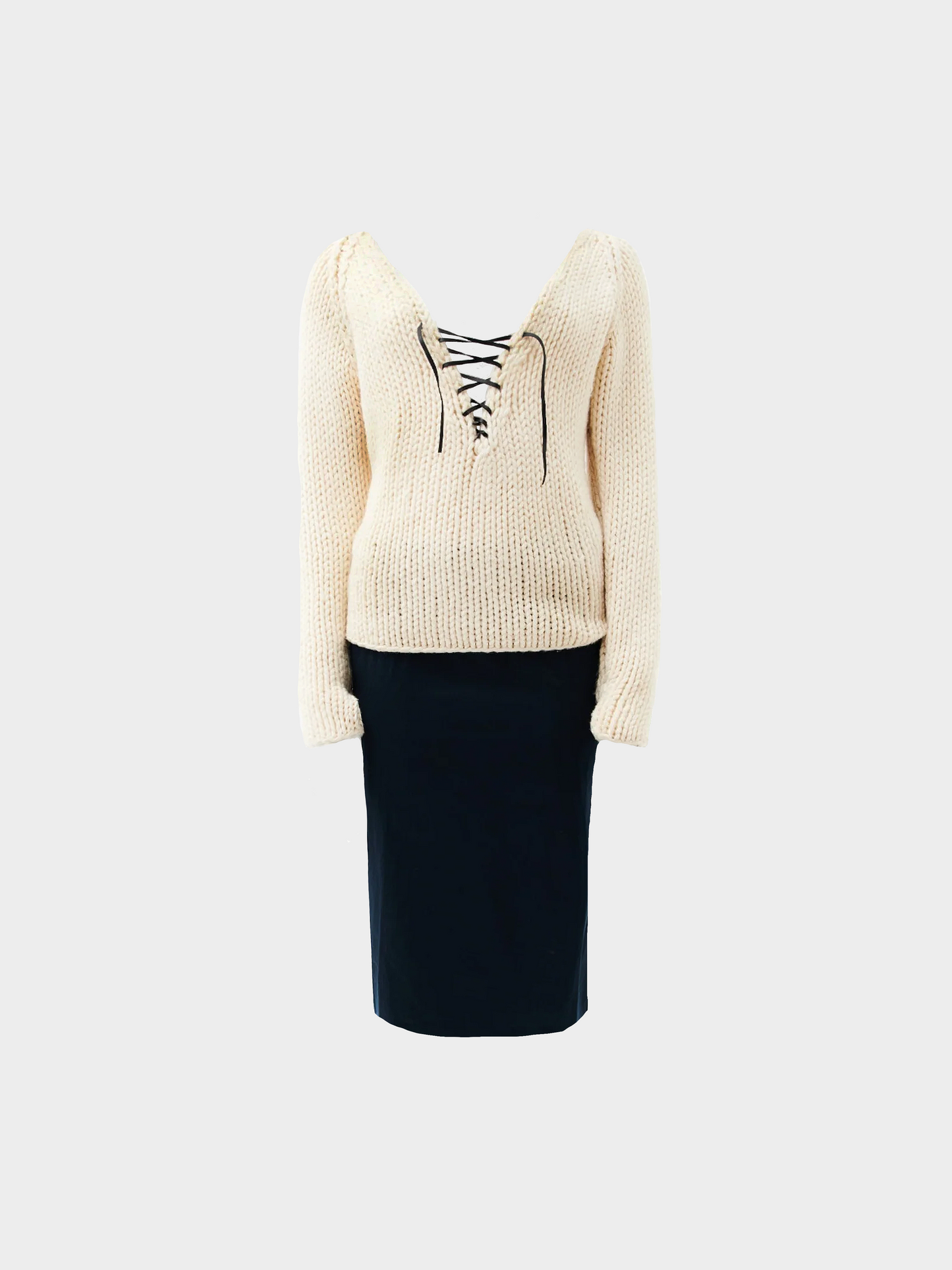 Gucci by Tom Ford FW 2002 White Laced Sweater and Black Midi Skirt Set