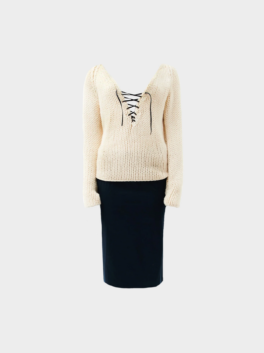 Gucci by Tom Ford FW 2002 White Laced Sweater and Black Midi Skirt Set