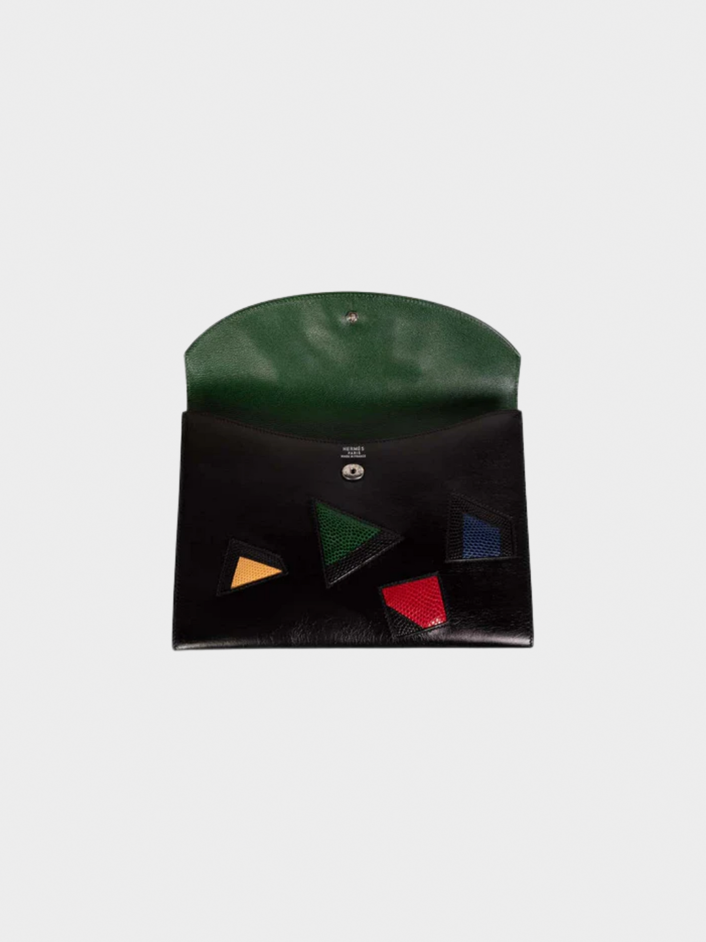 Hermes 1980s Black Leather Multicolored Lizard Clutch