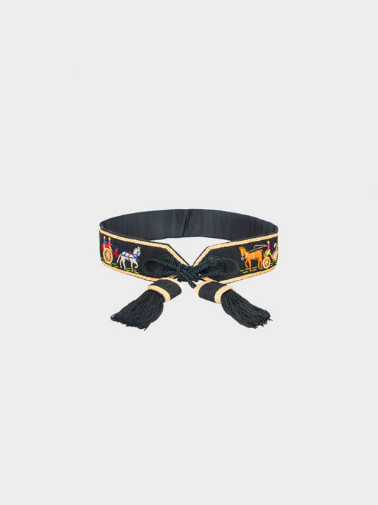 Hermes 1940s Black Wool Printed Belt