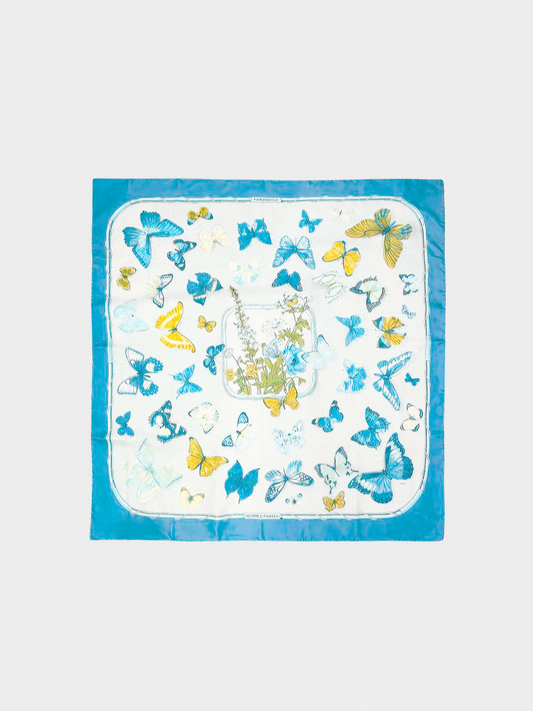 Hermes 2000s Multicolor Blue Butterfly Silk Carré 90 Scarf