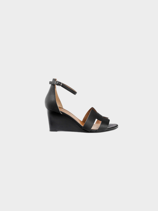 Hermes 2010s Legend Noir Calfskin "H" Wedge Sandals