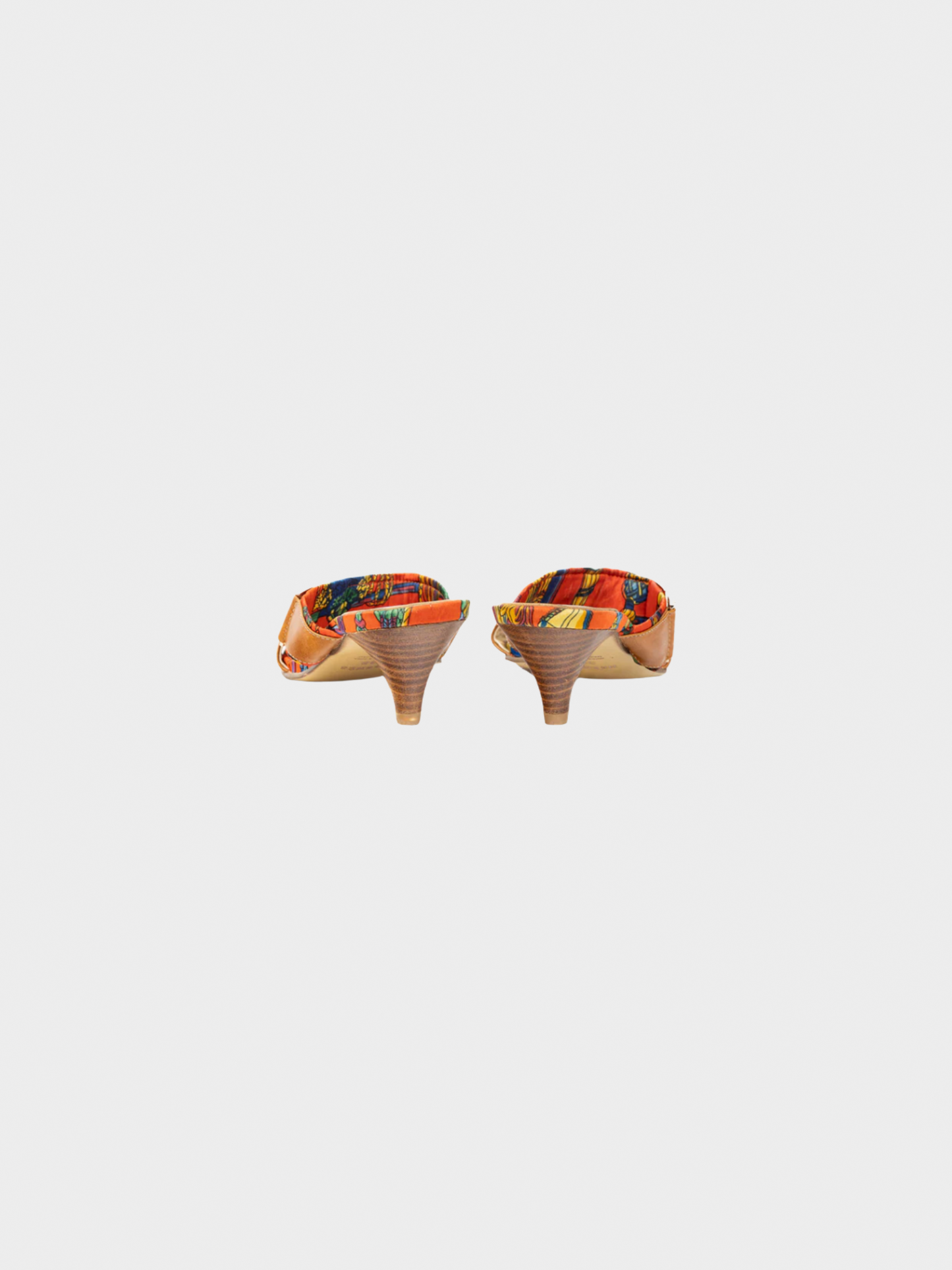 Hermes 2010s Brown Leather & Orange Printed-Silk Mule Sandals