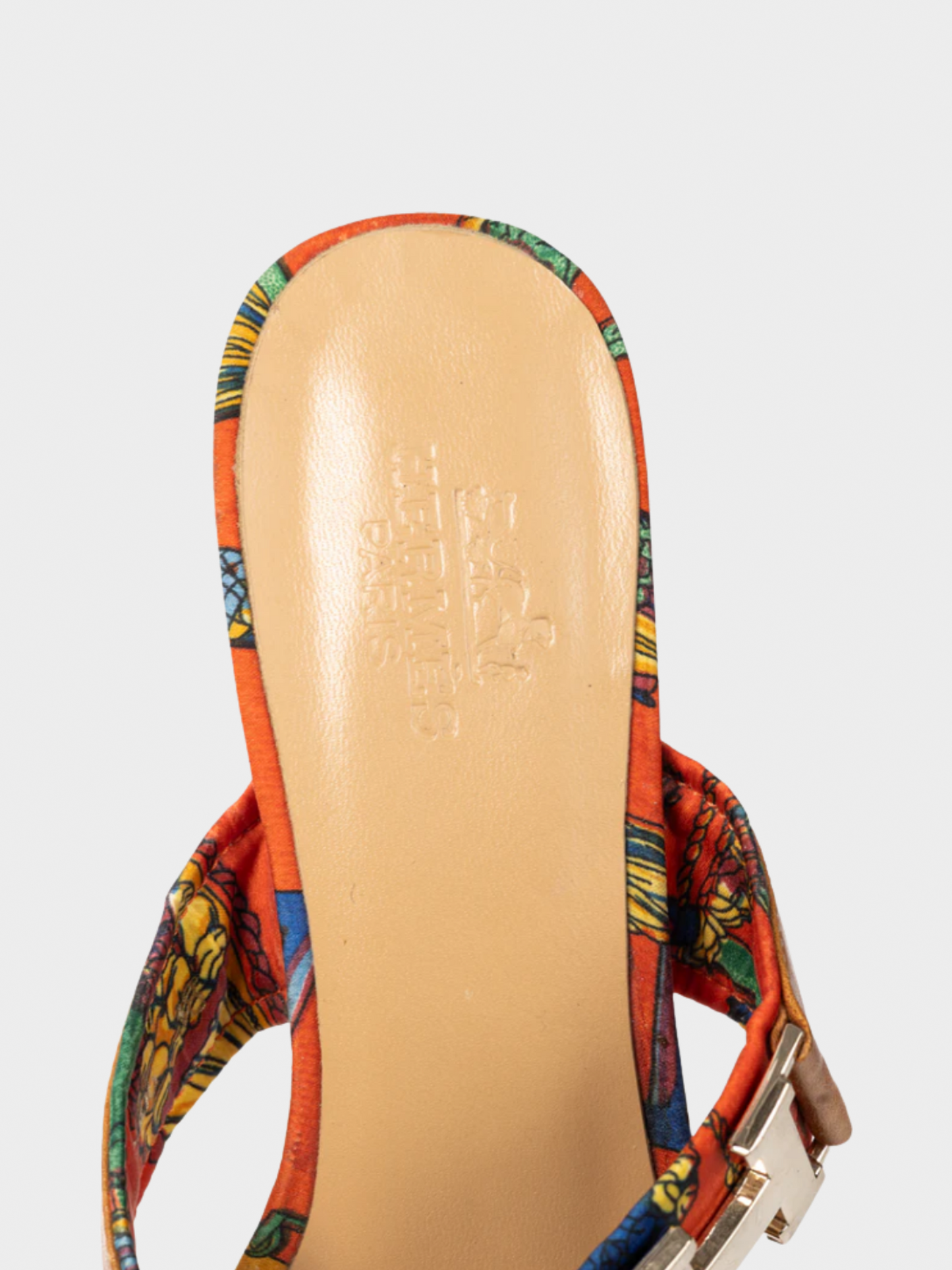 Hermes 2010s Brown Leather & Orange Printed-Silk Mule Sandals