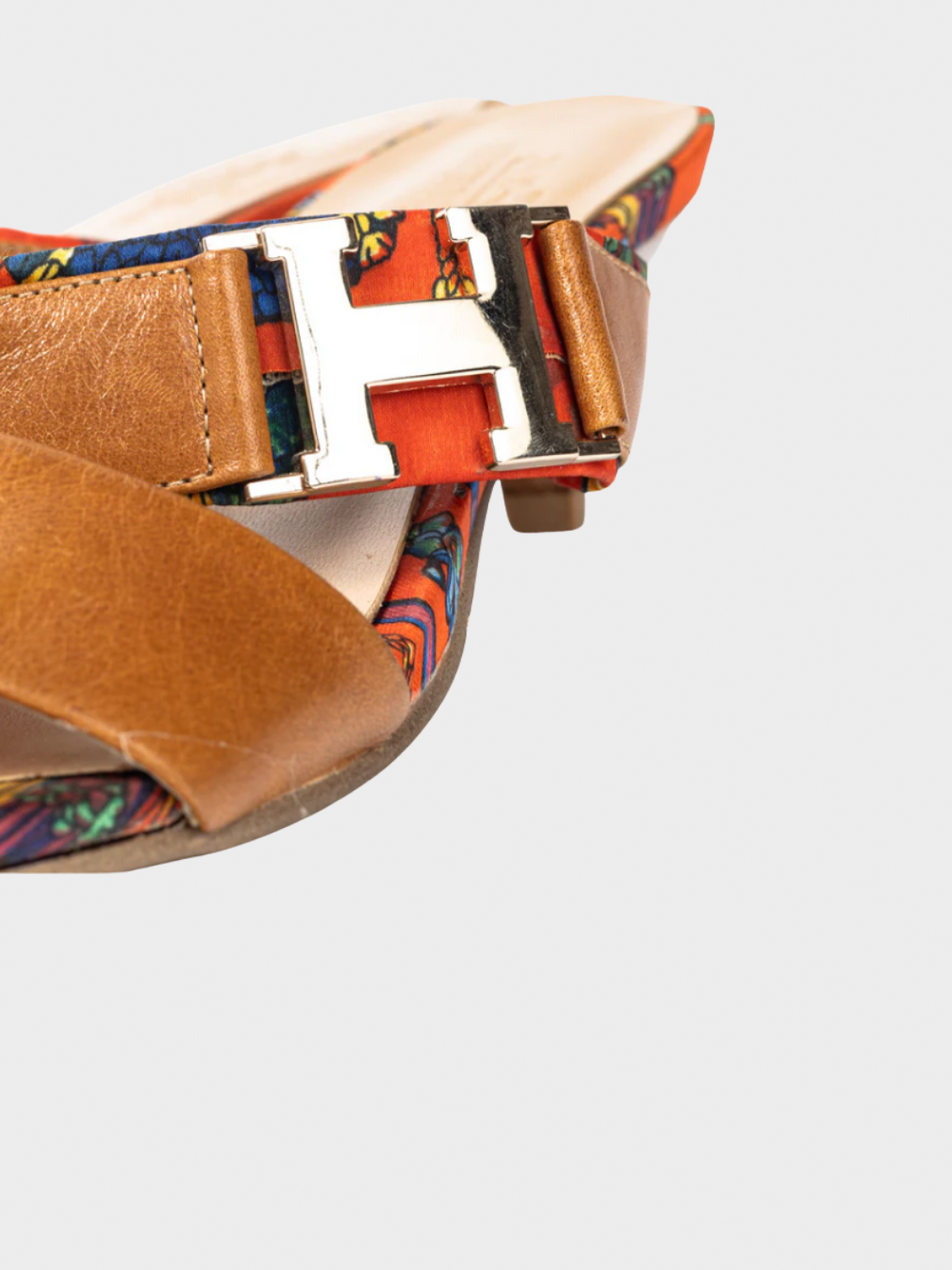 Hermes 2010s Brown Leather & Orange Printed-Silk Mule Sandals