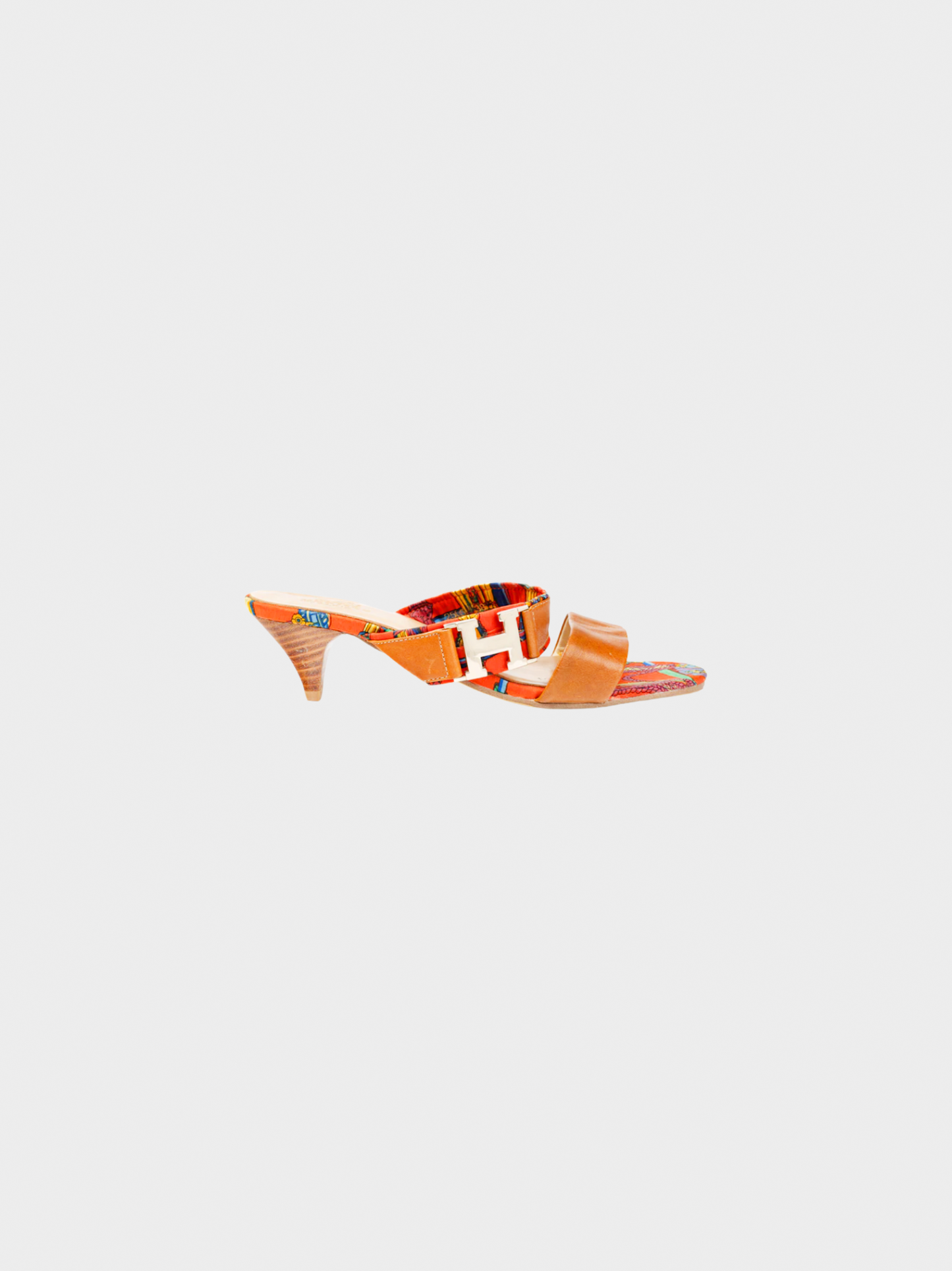 Hermes 2010s Brown Leather & Orange Printed-Silk Mule Sandals