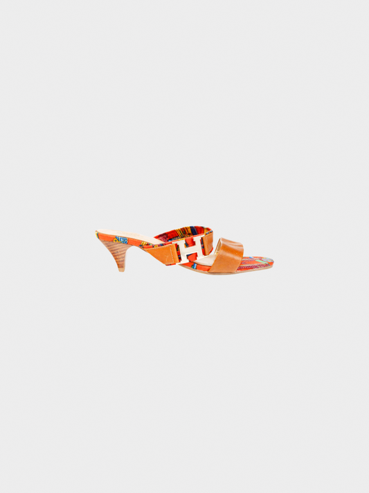 Hermes 2010s Brown Leather & Orange Printed-Silk Mule Sandals