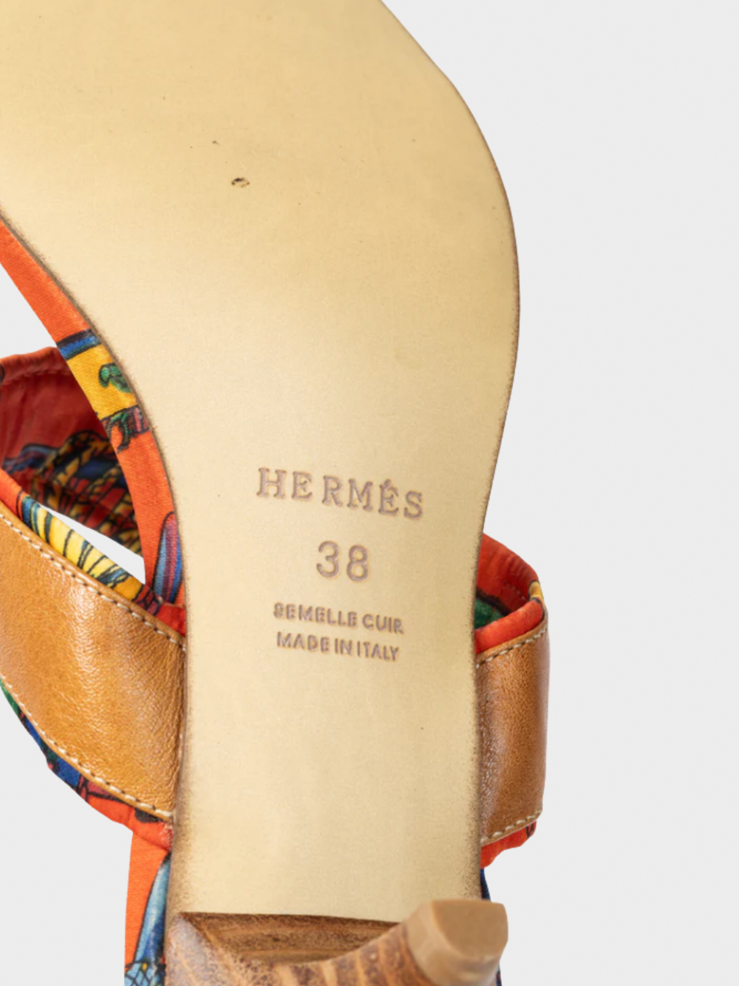 Hermes 2010s Brown Leather & Orange Printed-Silk Mule Sandals