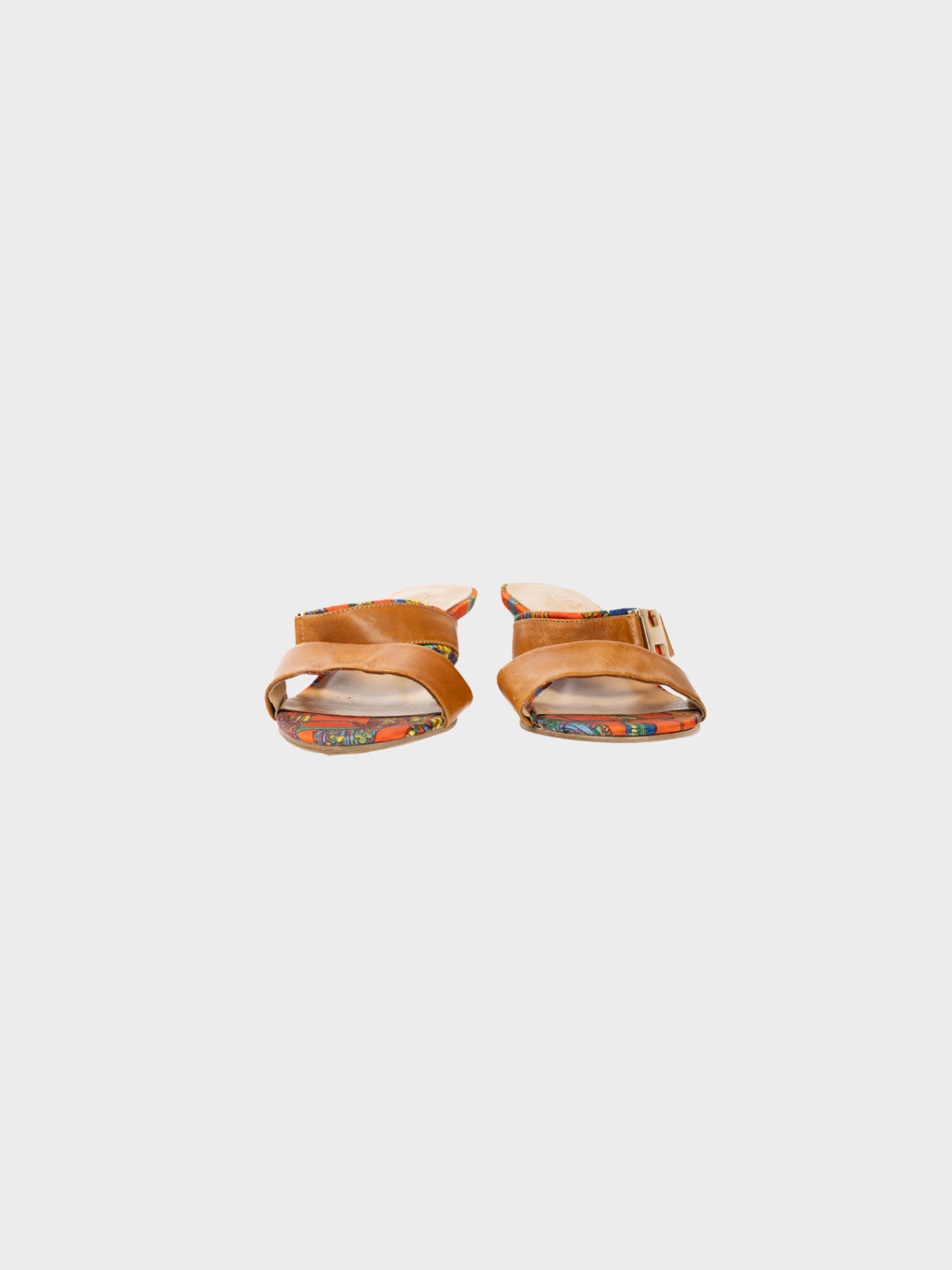 Hermes 2010s Brown Leather & Orange Printed-Silk Mule Sandals