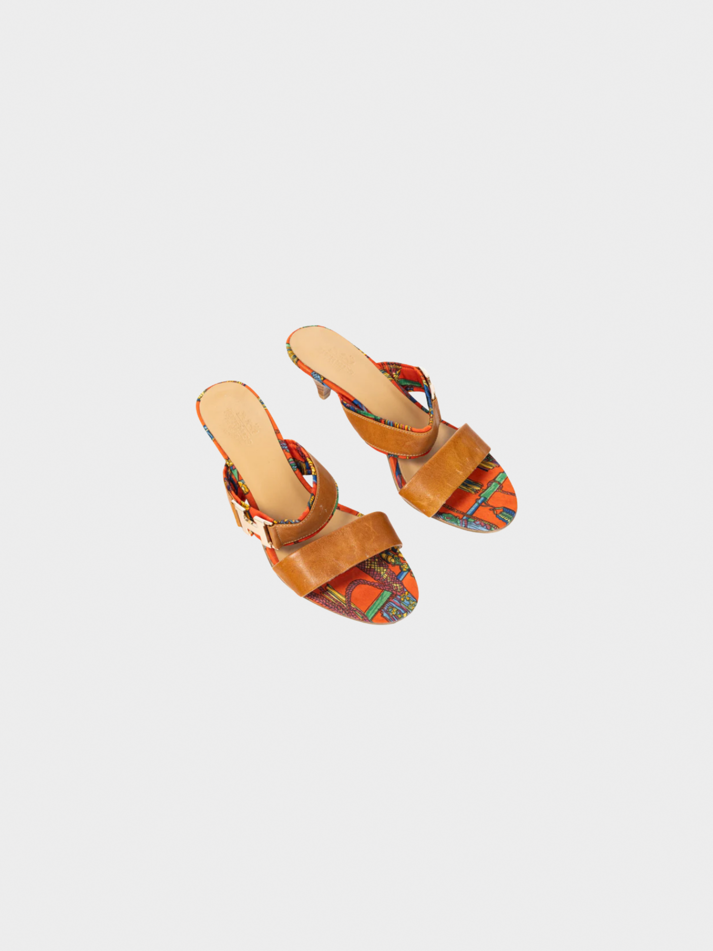 Hermes 2010s Brown Leather & Orange Printed-Silk Mule Sandals