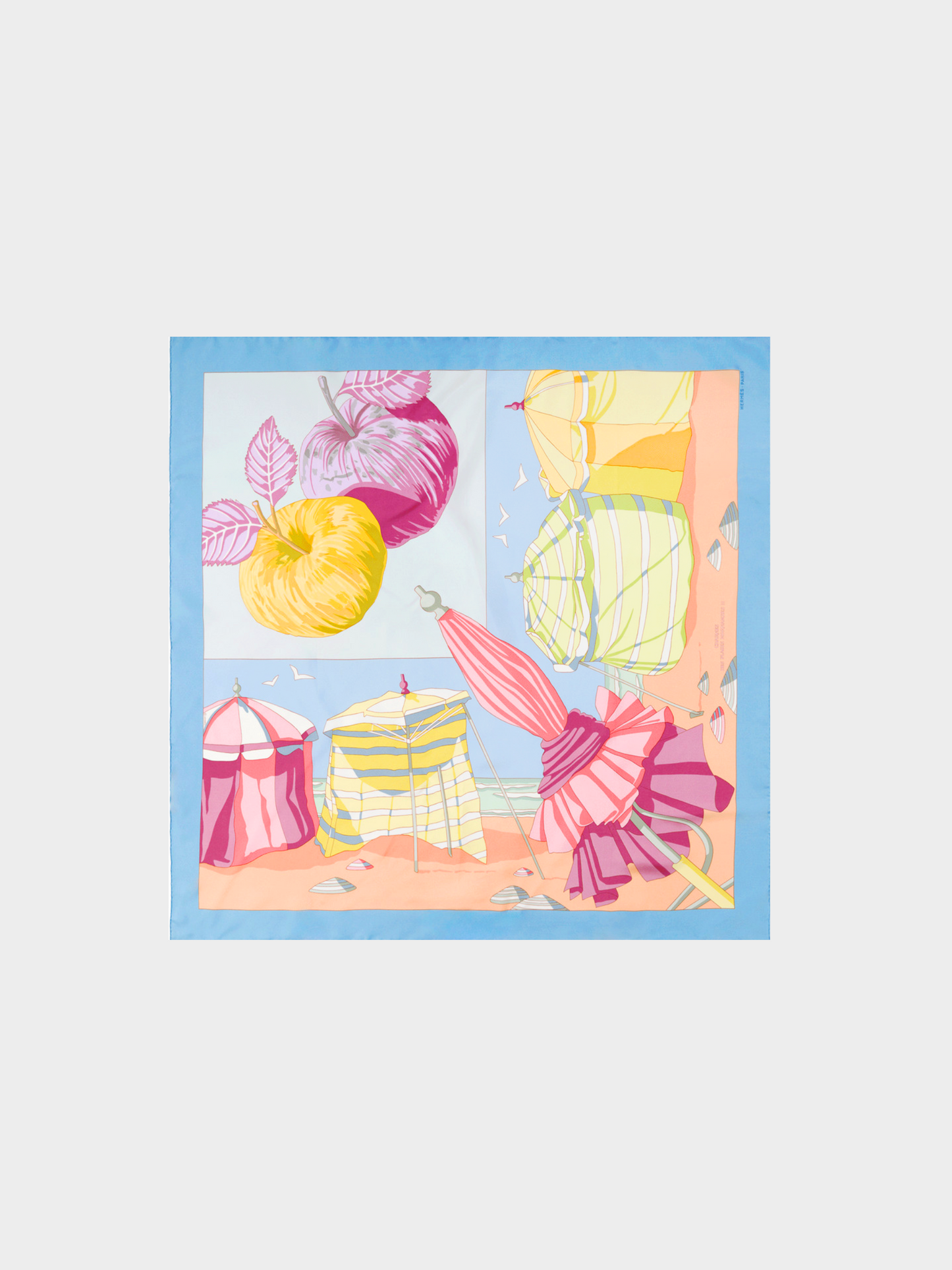 Hermes 2002 Les Plages Normandes II Blue Border Silk Scarf