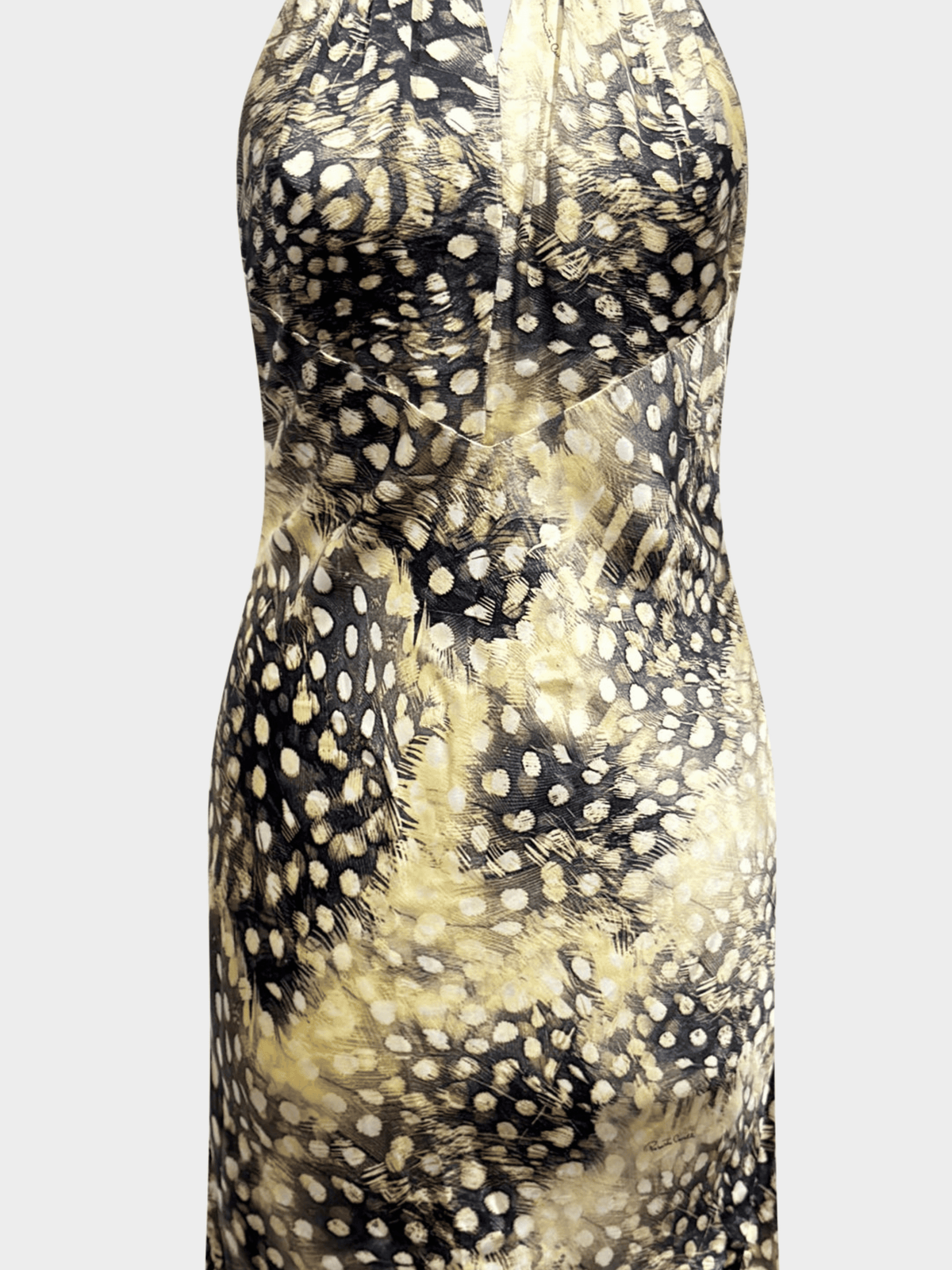 Roberto Cavalli SS 2004 Halter Neck Feather Printed Silk Dress
