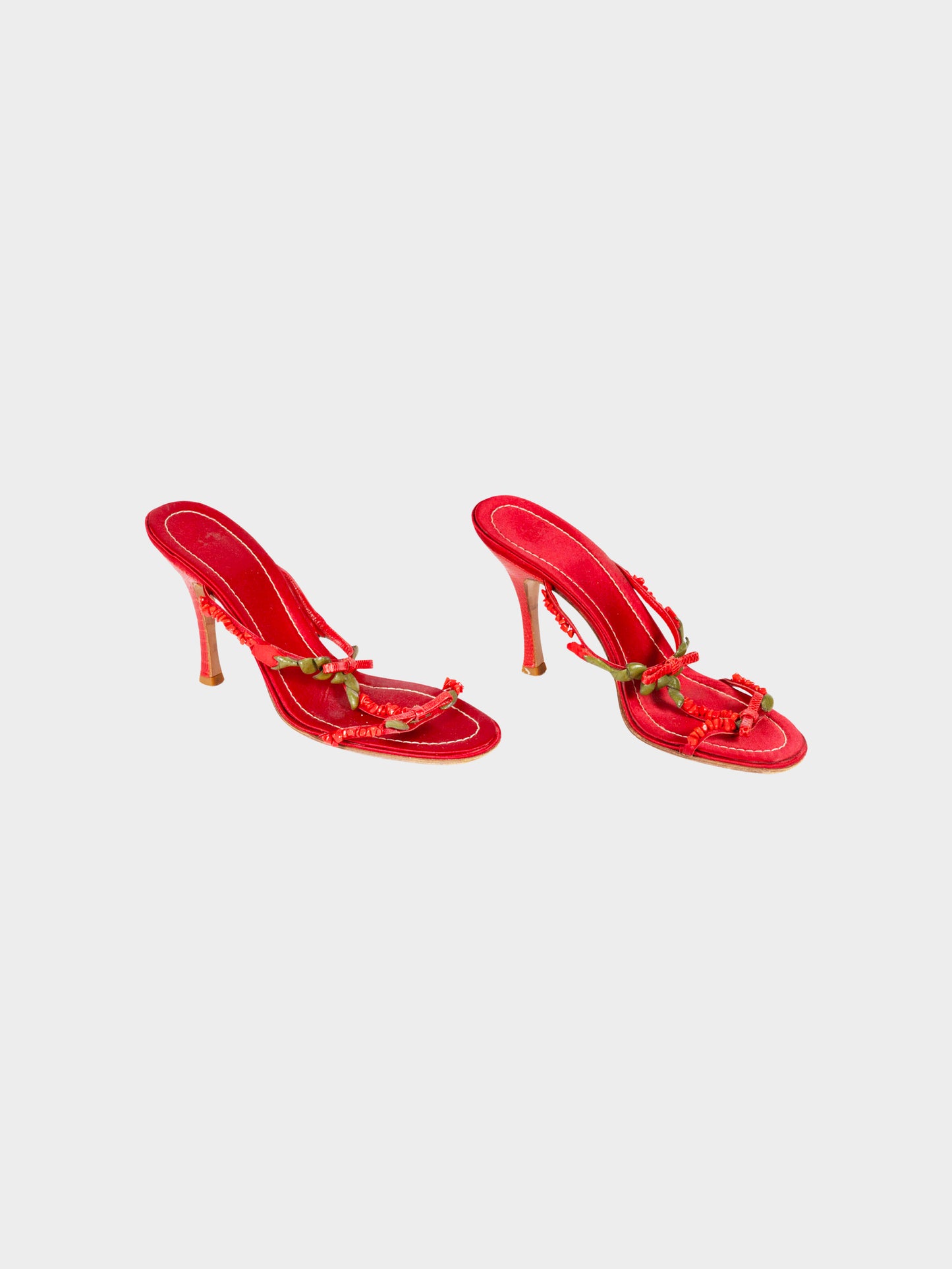 Valentino 2000s Red Satin Floral Heeled Sandals