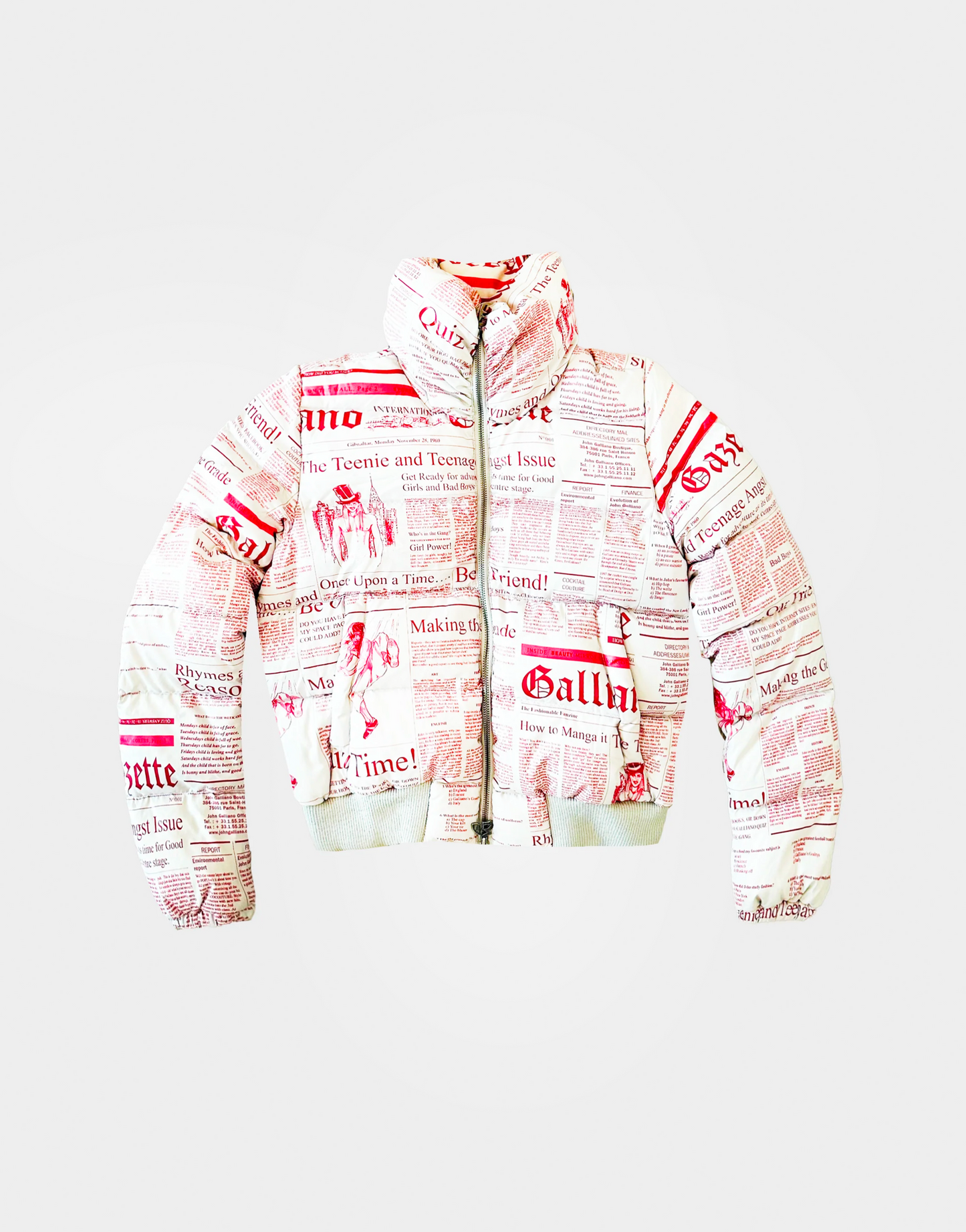 John Galliano 2000s Iconic Newspaper Print Puffer Jacket