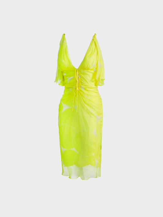 Gucci SS 2002 Yellow Printed Silk Midi Dress