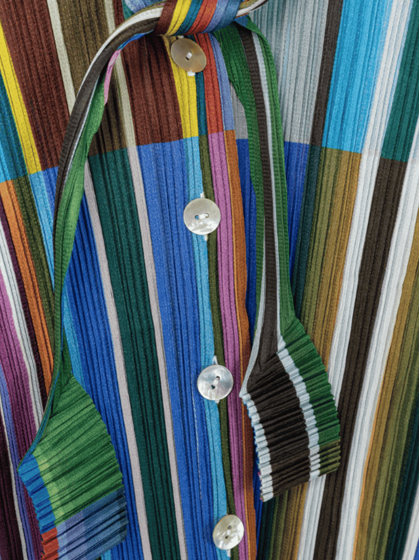 Issey Miyake 2000s Blue-Multi Striped Buttoned Tie-Neck Top