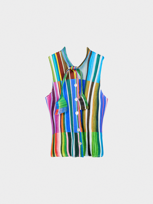 Issey Miyake 2000s Blue-Multi Striped Buttoned Tie-Neck Top