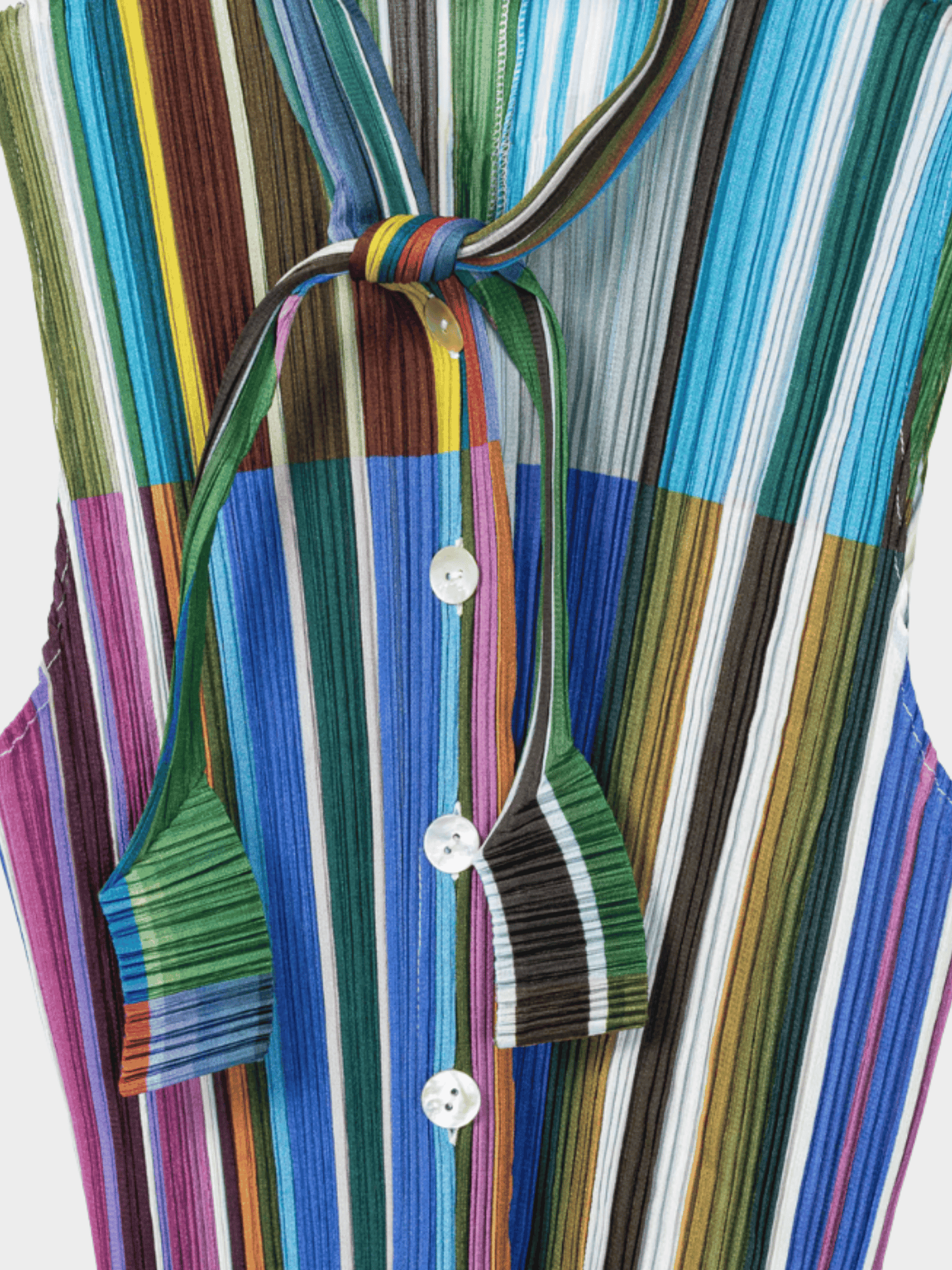 Issey Miyake 2000s Blue-Multi Striped Buttoned Tie-Neck Top