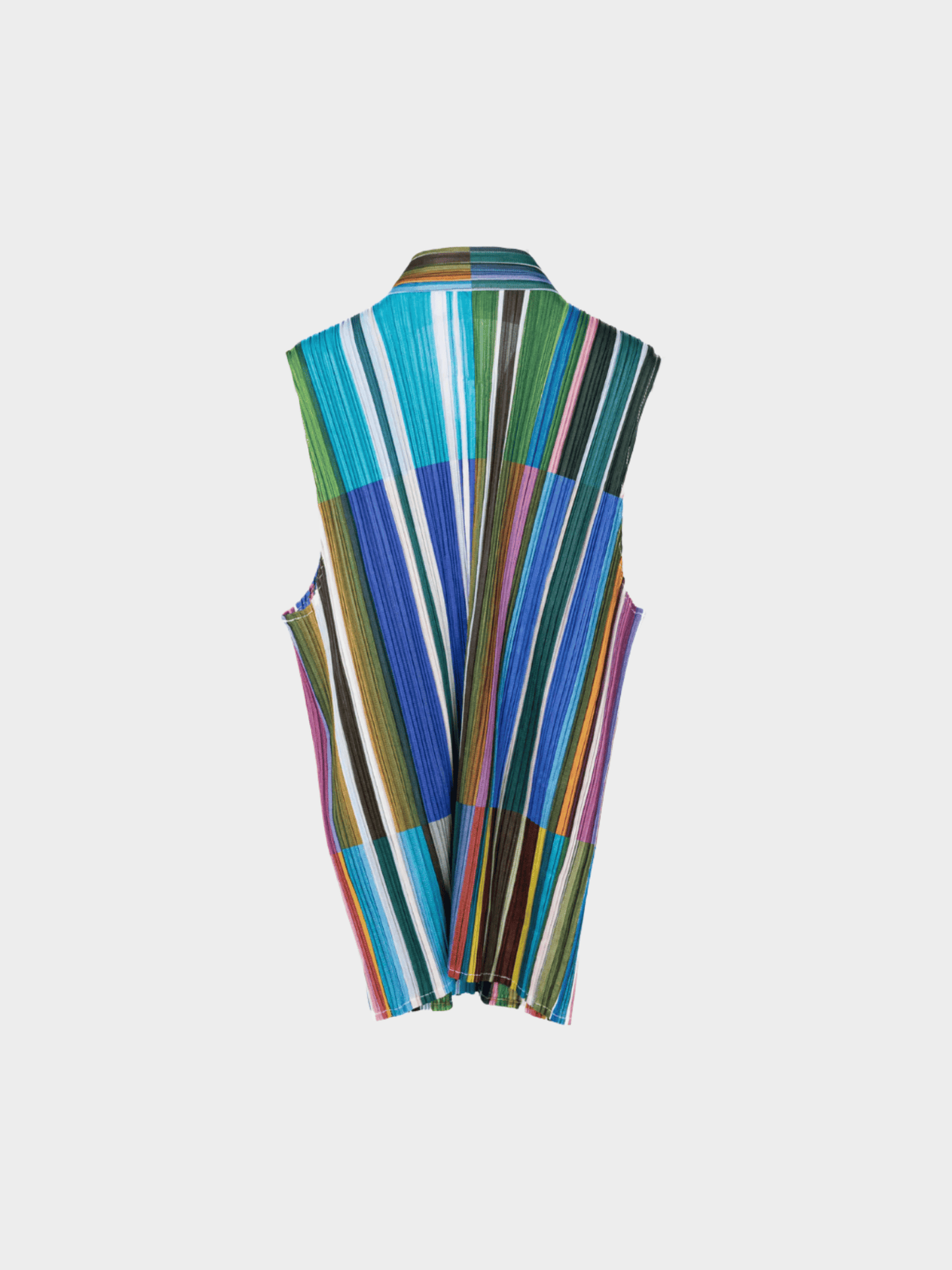 Issey Miyake 2000s Blue-Multi Striped Buttoned Tie-Neck Top