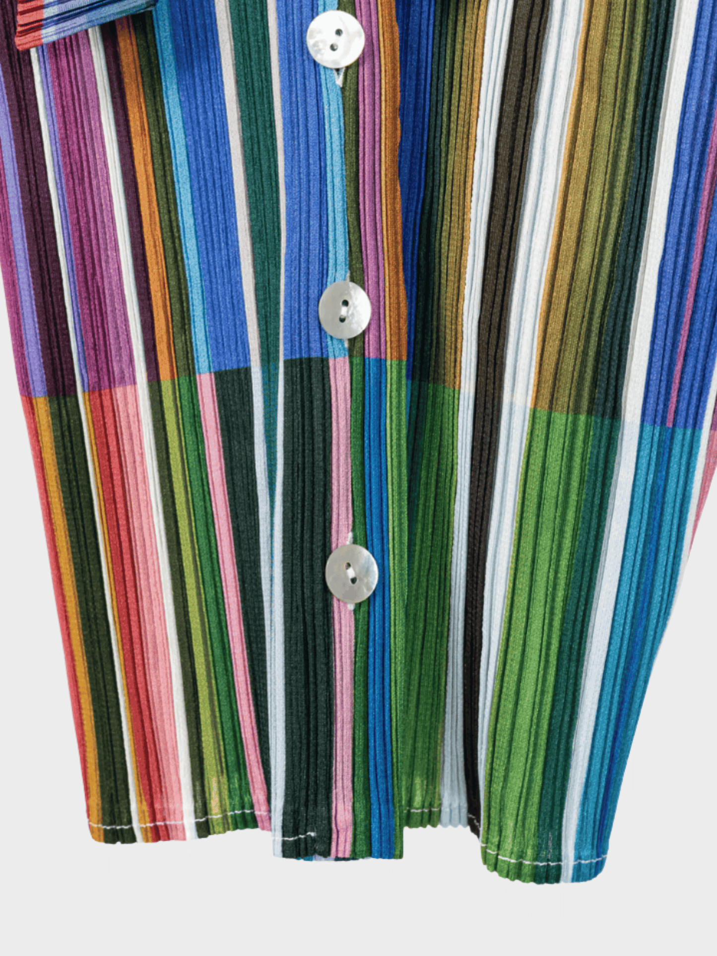 Issey Miyake 2000s Blue-Multi Striped Buttoned Tie-Neck Top