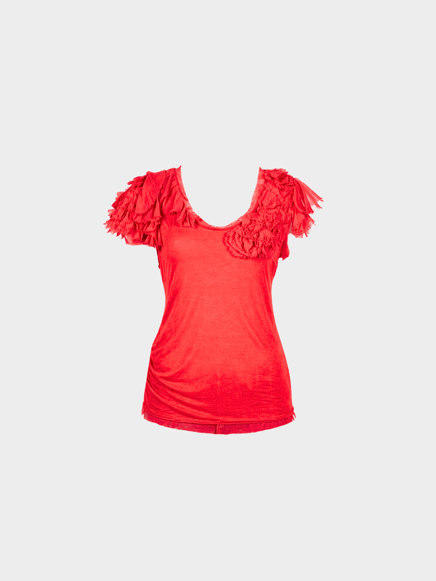 Valentino 2000s Couture Red Jersey Rosette Flutter-Sleeve T-Shirt