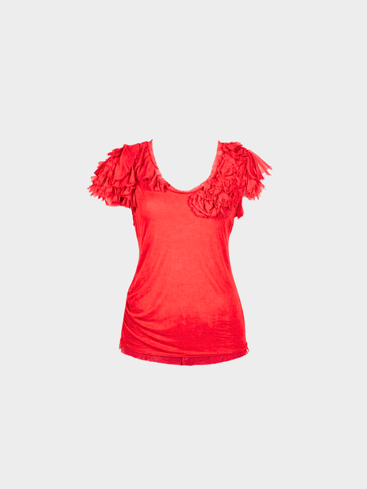 Valentino 2000s Couture Red Jersey Rosette Flutter-Sleeve T-Shirt