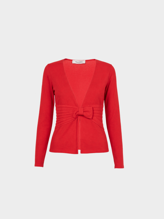 Valentino 2000s Red Viscose-Knit Bow-Waist Cardigan