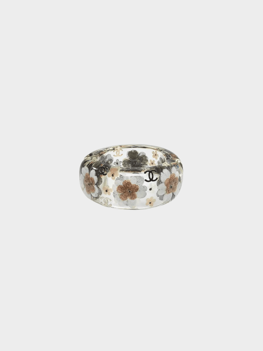 Chanel 2010 Clear Resin Floral CC Wide Angle Bracelet