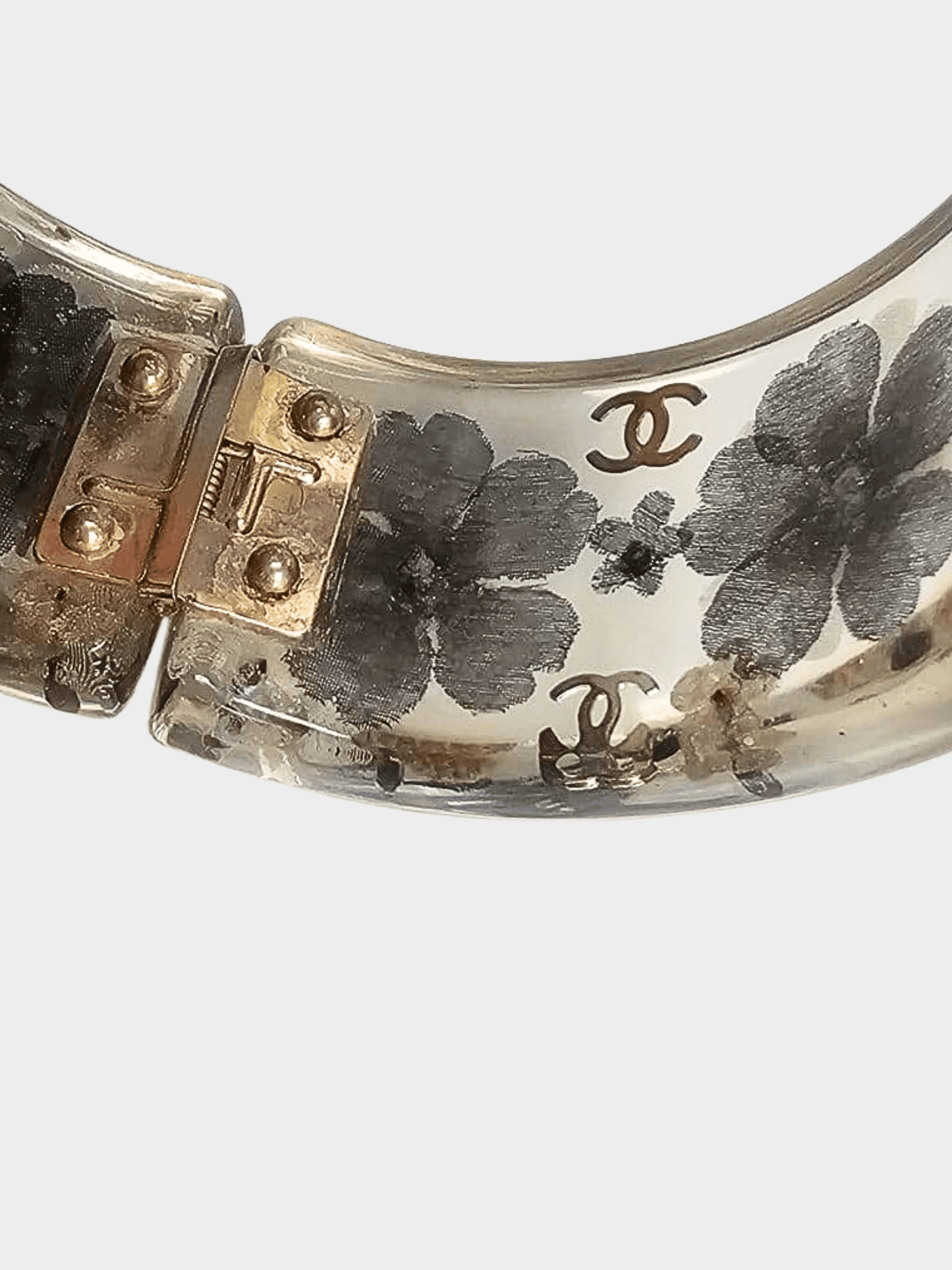Chanel 2010 Clear Resin Floral CC Wide Angle Bracelet