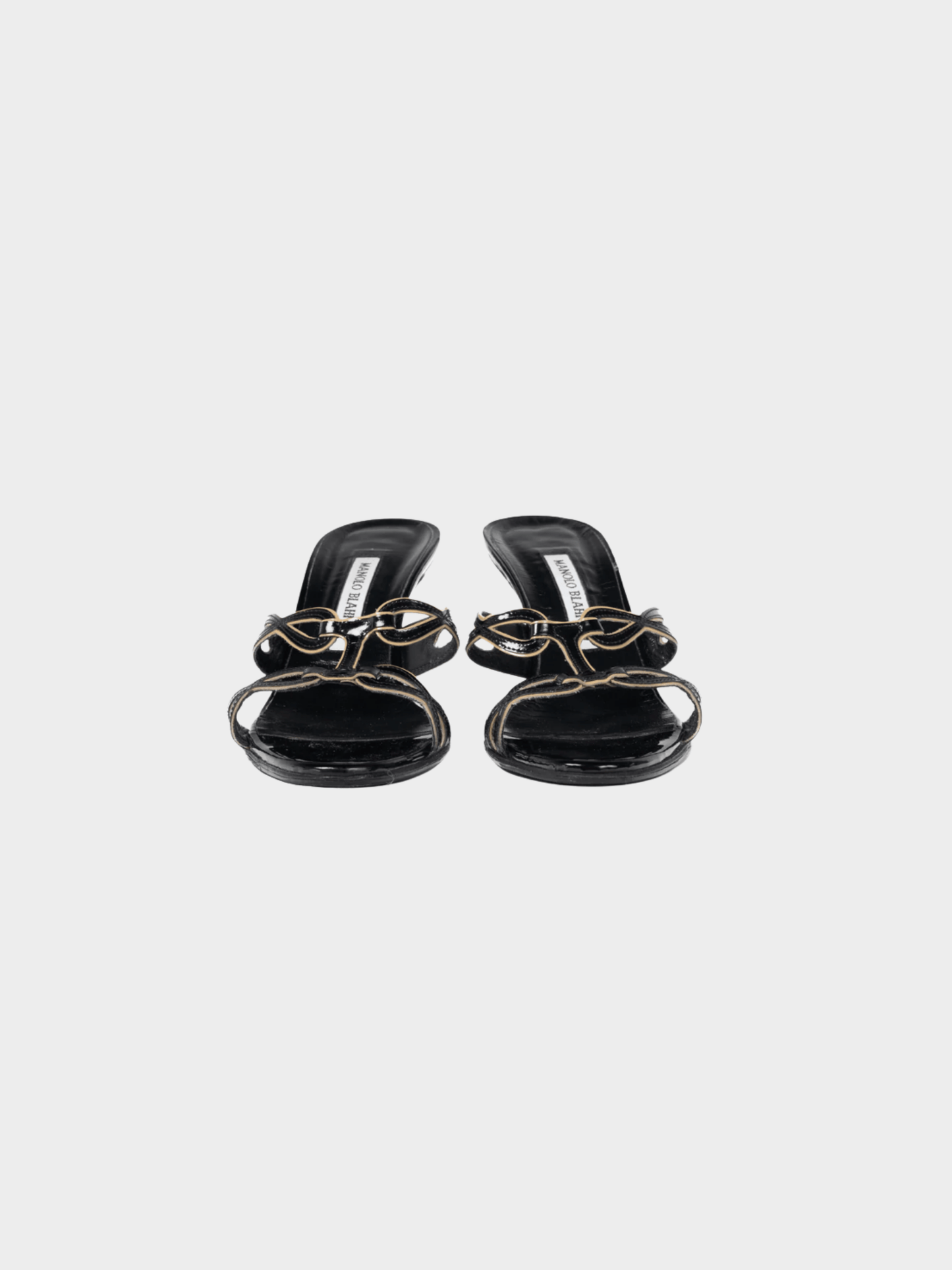 Manolo Blahnik 2000s Black Patent Cutout Piped Mule Sandals