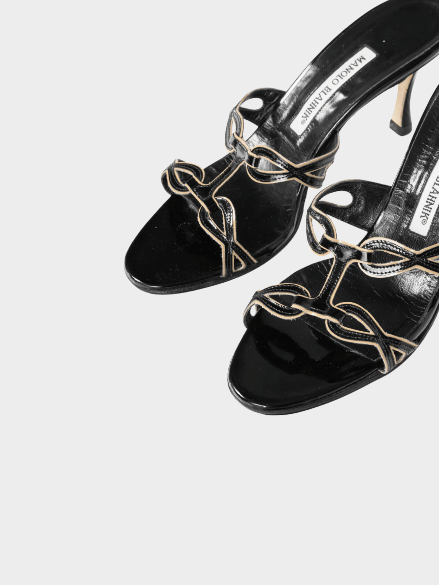 Manolo Blahnik 2000s Black Patent Cutout Piped Mule Sandals
