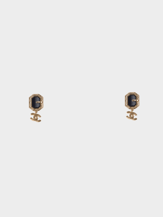 Chanel 2000s CC Black Leather Gold Hardware Buckle Dangle Earrings