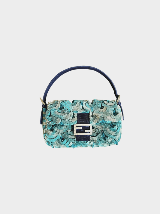 Fendi 1997 Rare Multicoloured Lizard and Ostrich Leg-Trimmed Embellished Baguette