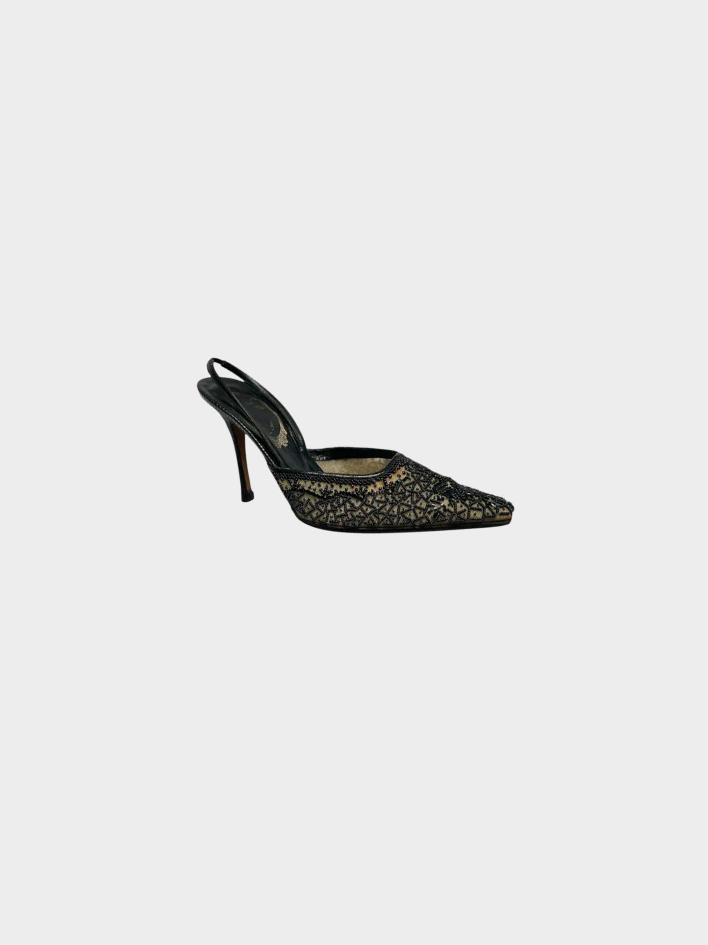 René Caovilla 2000s Black Beaded Slingback Heels