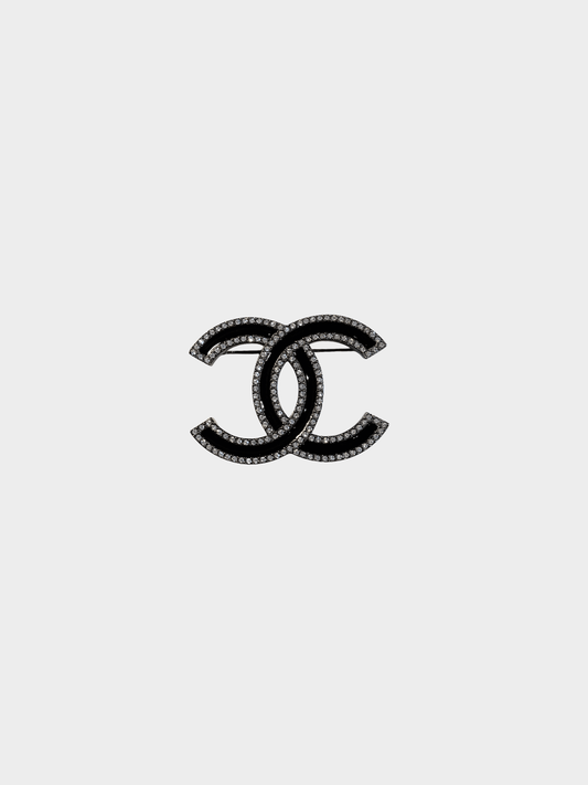 Chanel 2021 Black Rhinestoned CC Brooch