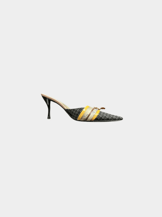 Prada 2000s Black Multi Color Kimono Floral Mules Pumps
