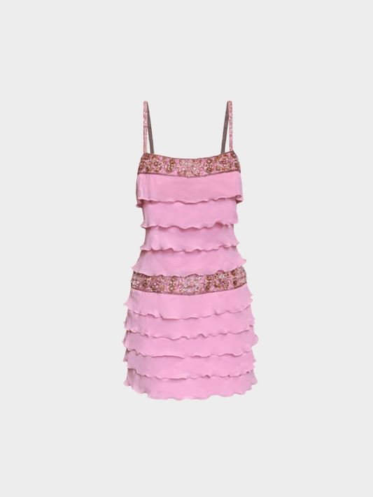 Escada 2000s Pink Tiered Embellished Mini Dress