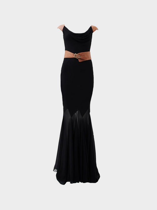 Gianni Versace FW 2001 Brown Leather Black Chiffon Long Dress